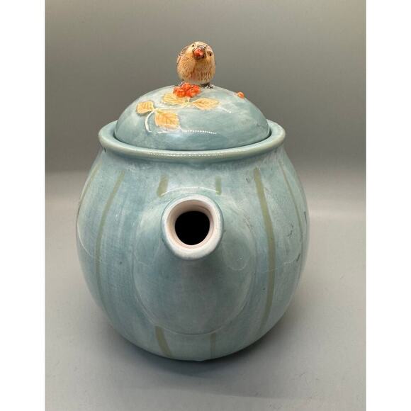 Marjolein Bastin Teapot Bird & Berries Hallmark Signed Blue with Green Stripes - Picture 2 of 12